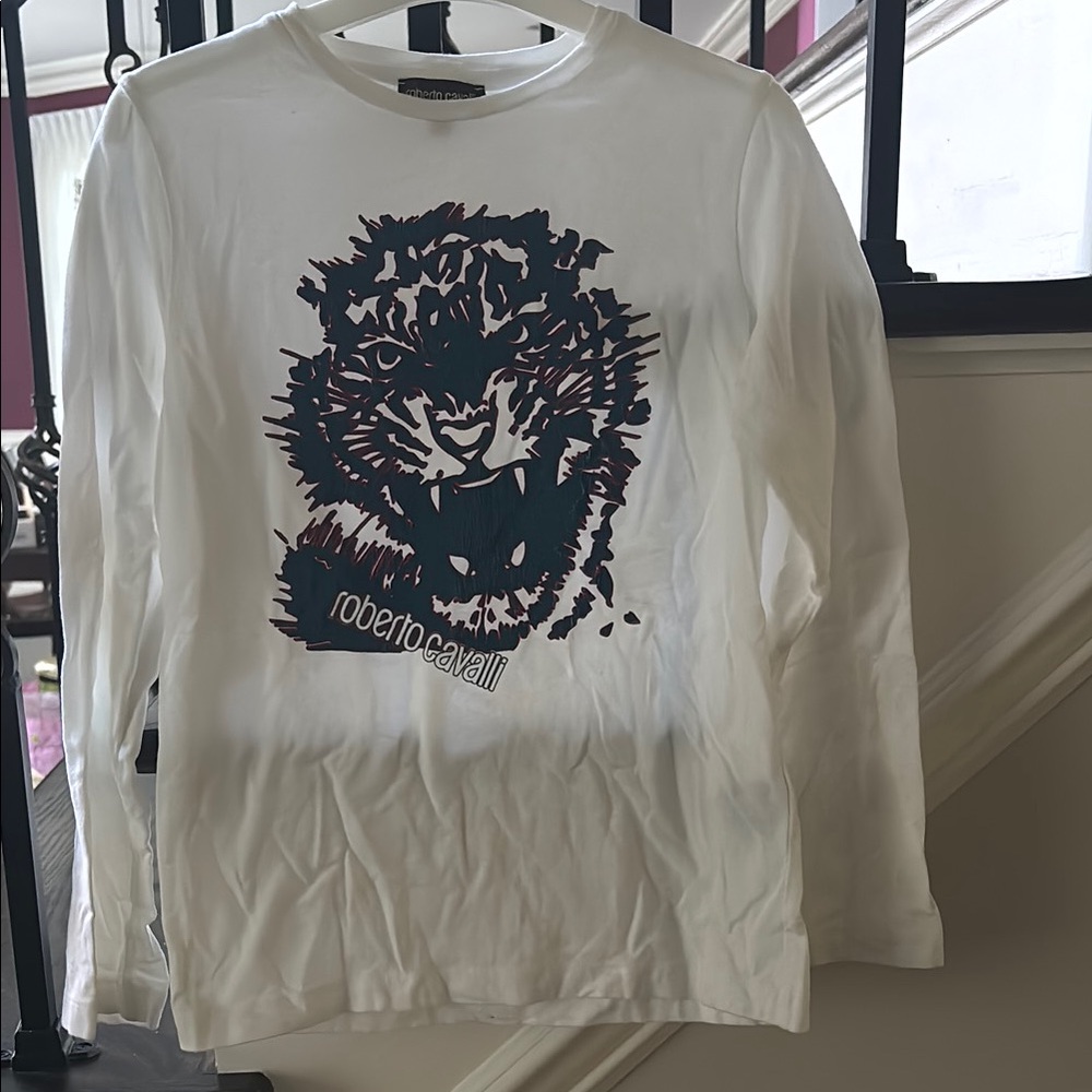Roberto Cavalli White Tiger Print Long Sleeve Shirt